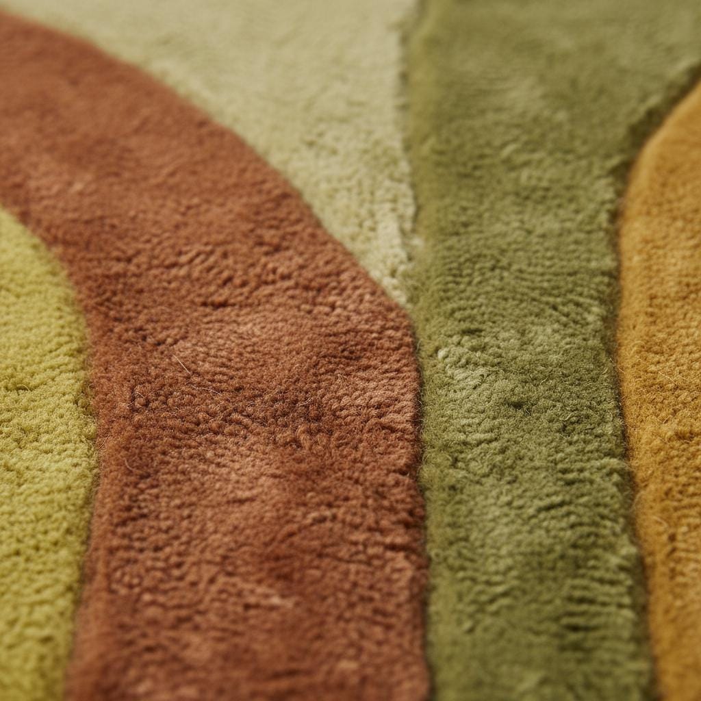 Mid century area rug with colorful retro geometric design and soft plush texture in earth tones