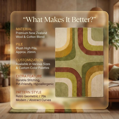 Mid century area rug with colorful 70s retro geometric design and soft plush texture