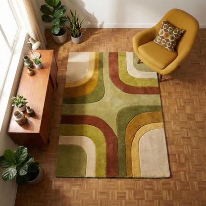 Mid century area rug with colorful retro geometric design and soft plush texture in earth tones