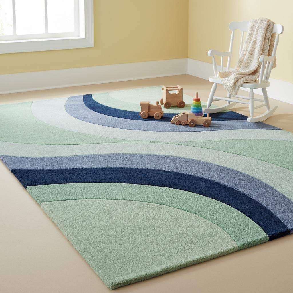 Mid-century inspired abstract rug with carved pile texture, displayed on parquet wood flooring with stylish furniture.