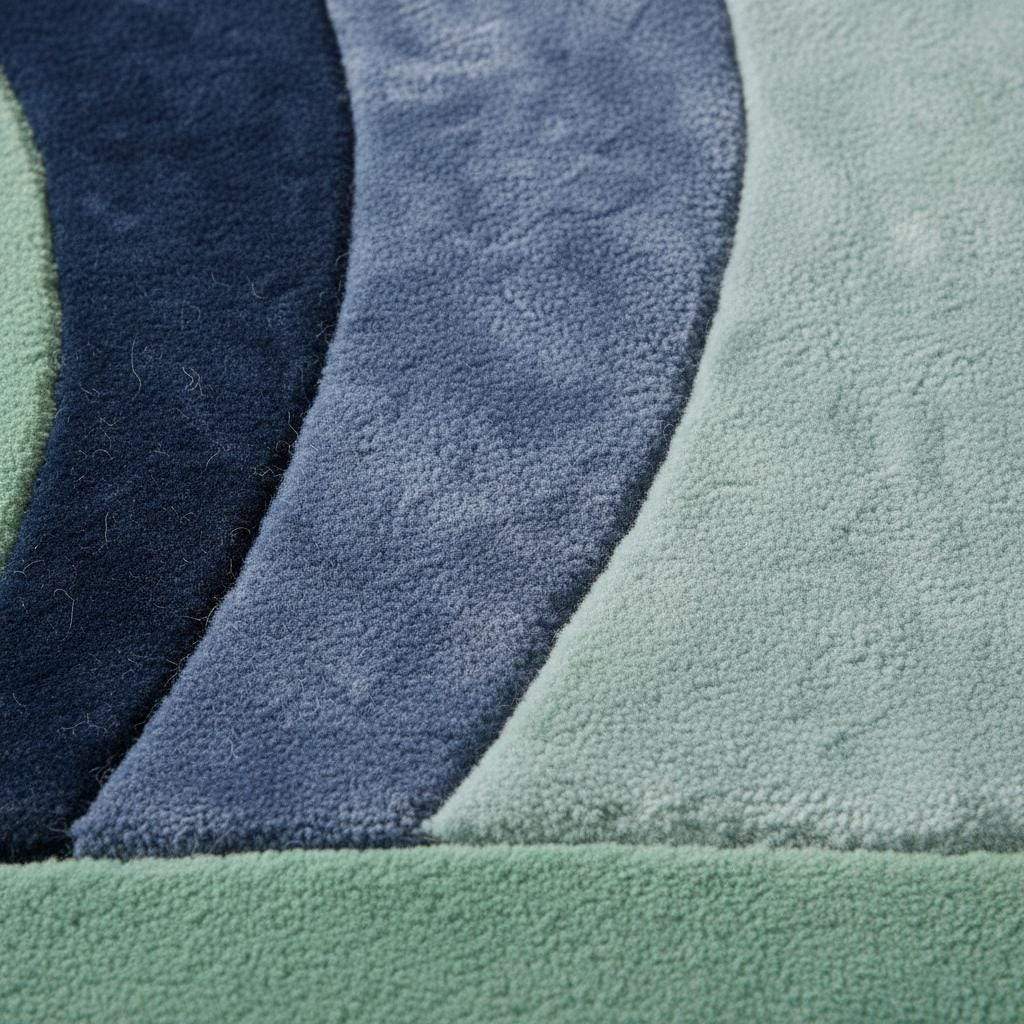 Modern abstract wave rug with sculpted pile in mint, navy, and blue tones for modern and mid century home decor
