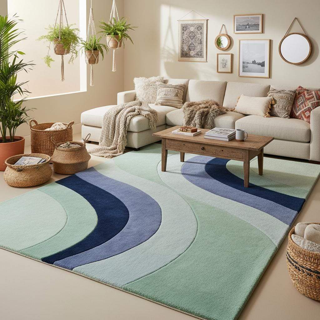 Textured sculpted wave rug with flowing blue and green shapes styled in a bright living room with wood furniture and plants.