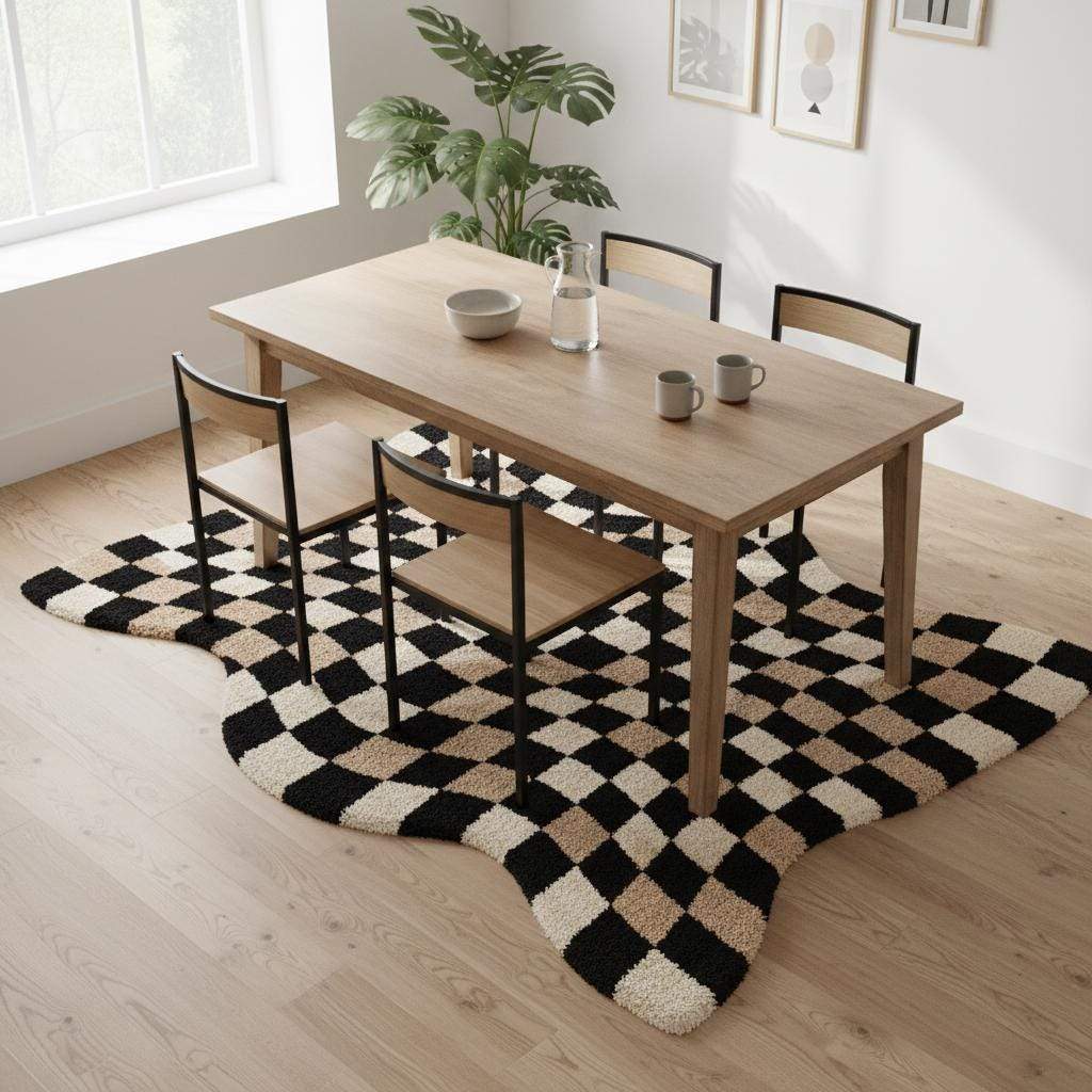 Modern optical-illusion wavy rug with plush high-pile texture showcased in a warm wood-tone home interior.