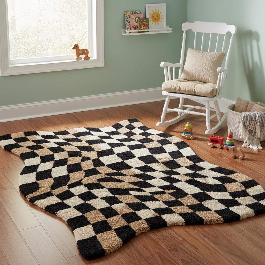 Decorative modern accent rug with wavy checkerboard design styled alongside mid-century wood furniture and neutral tones.