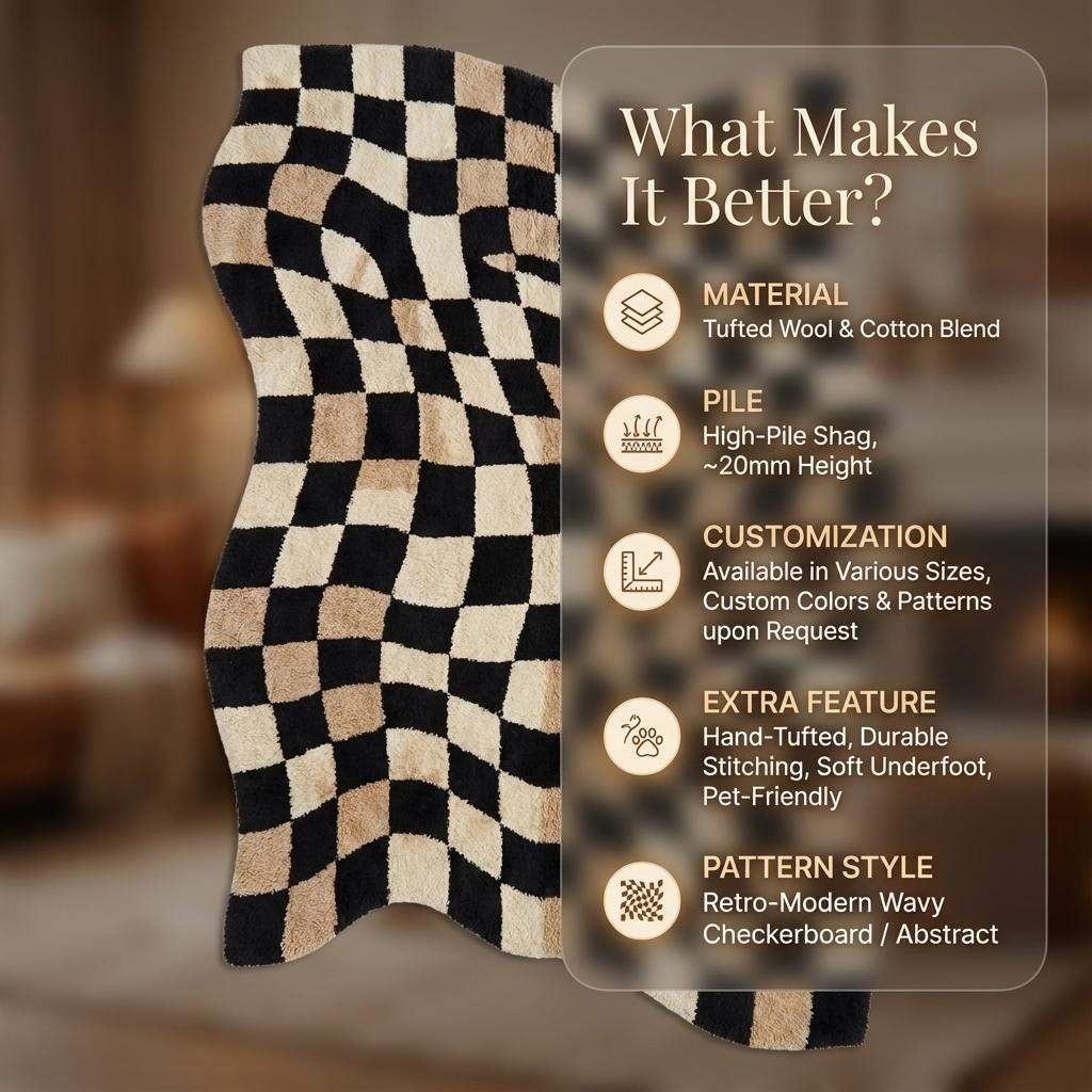 Wavy checkered rug with black and beige optical illusion pattern, plush high pile, non-slip backing, and retro modern design.