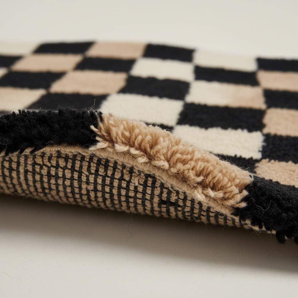 Wavy checkered rug with black and beige optical illusion pattern, plush high pile carpet for modern home decor