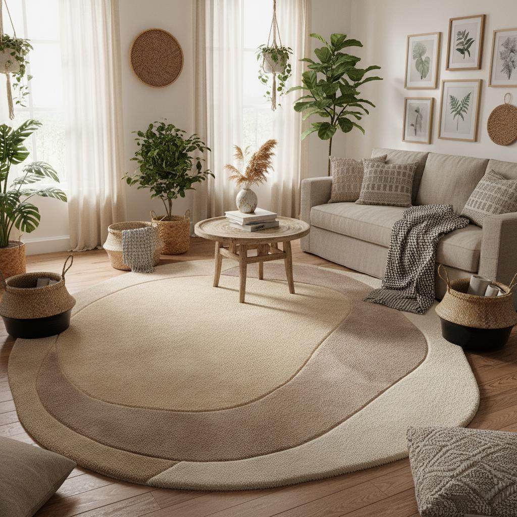 Soft plush abstract rug with organic lines in taupe and cream on dark wood flooring.