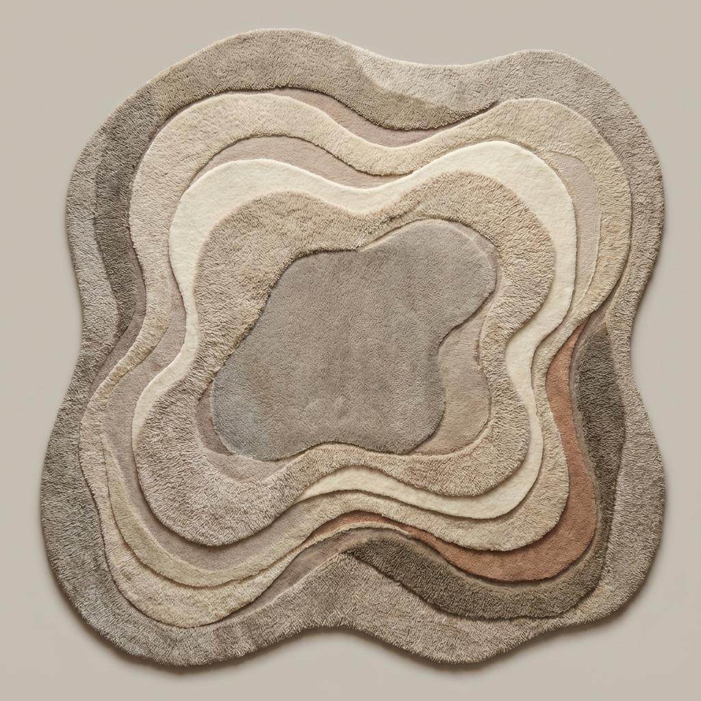Topographic-inspired beige and cream abstract rug with carved contours adding depth and texture to a cozy contemporary seating area.