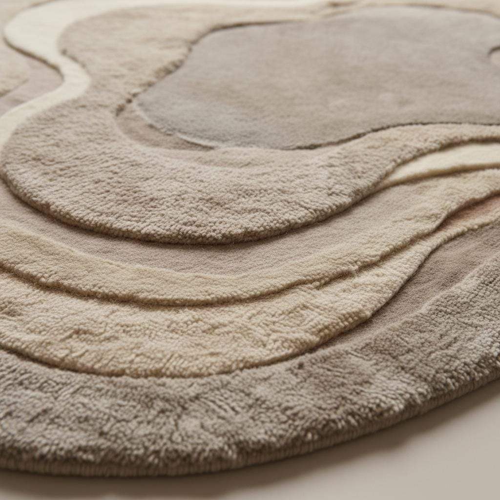 Contemporary taupe and cream wool carpet featuring soft curves and a sculpted design.