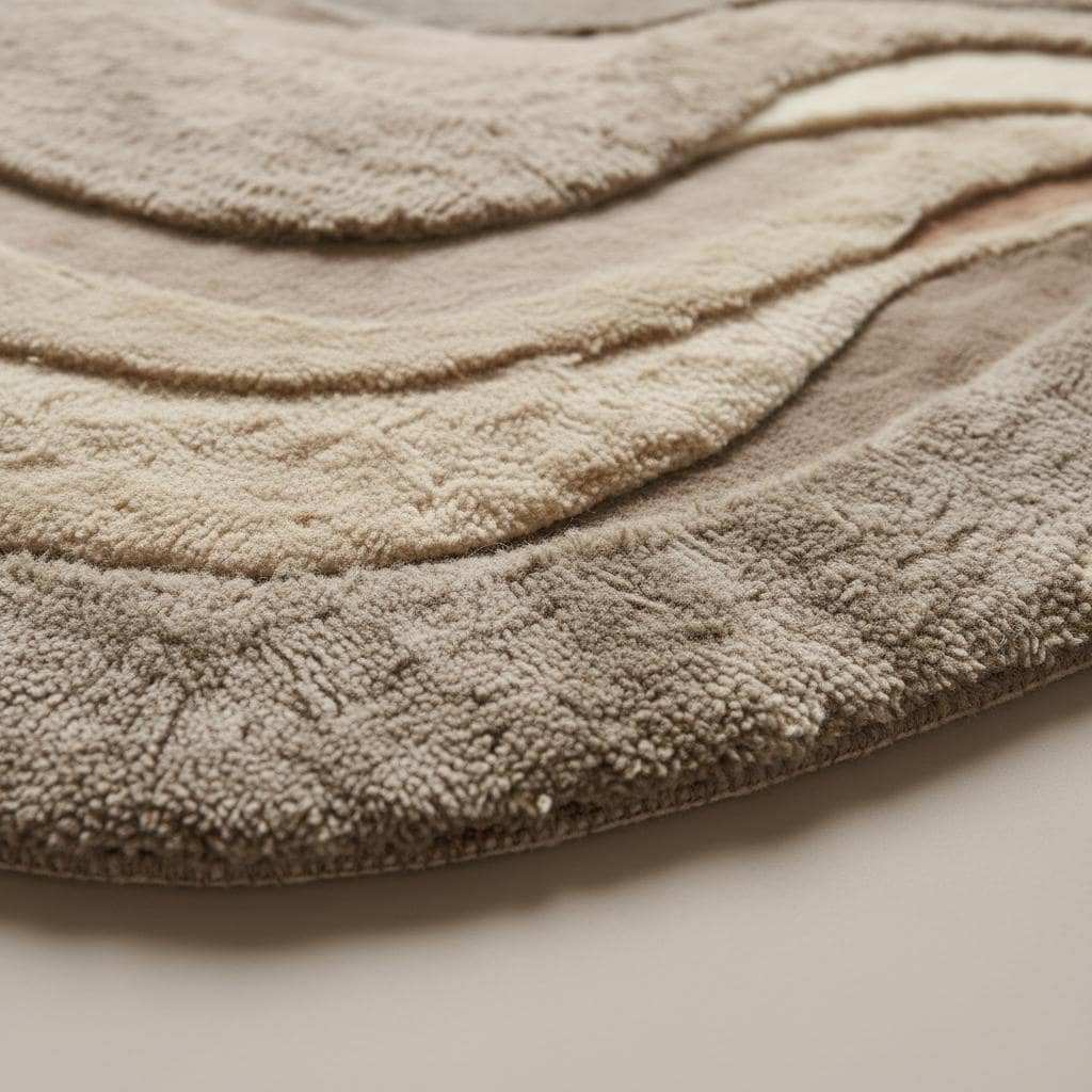 Organic wavy area rug in neutral beige with textured layered design and soft plush surface