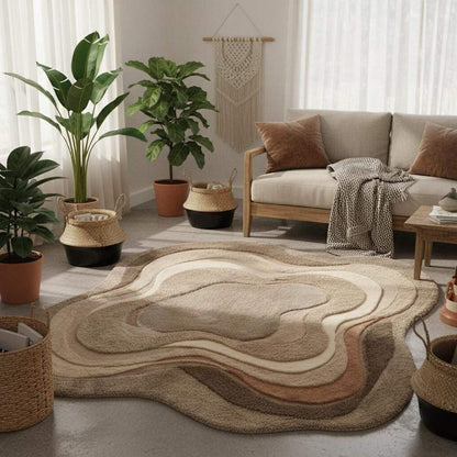 Plush sculptural area rug featuring layered waves in neutral tones, styled in a bright living room with mid-century furniture.
