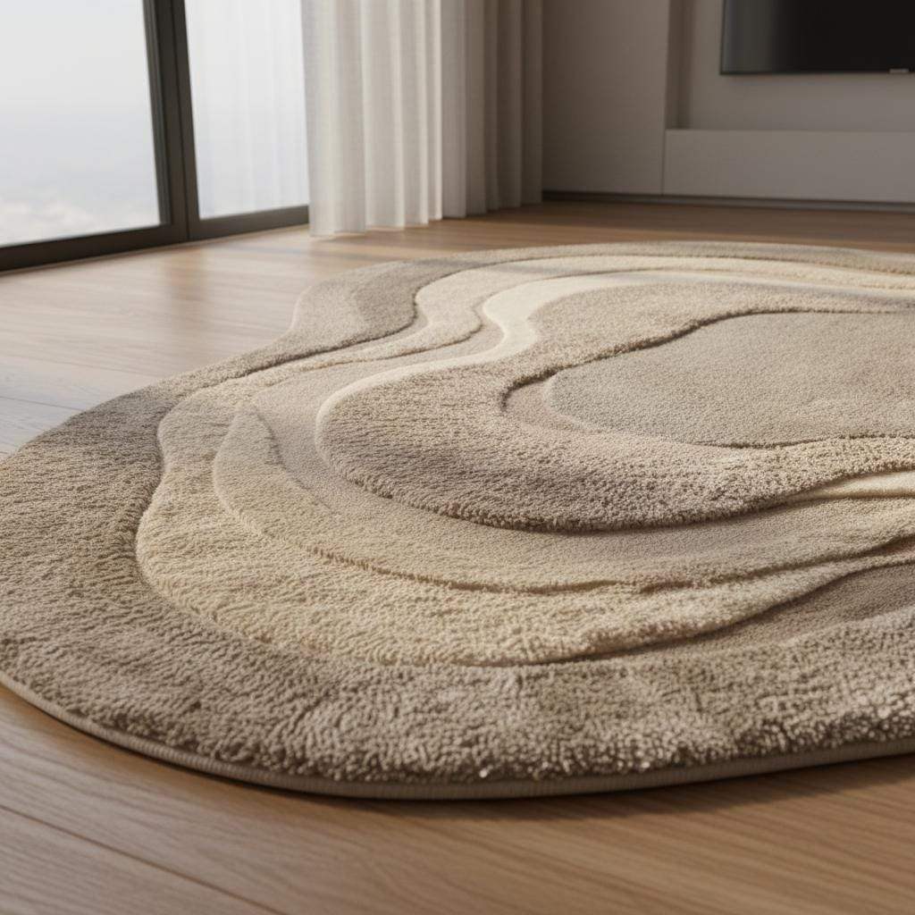 Abstract organic-shaped area rug in beige and taupe tones, photographed from above in a serene modern home setting.