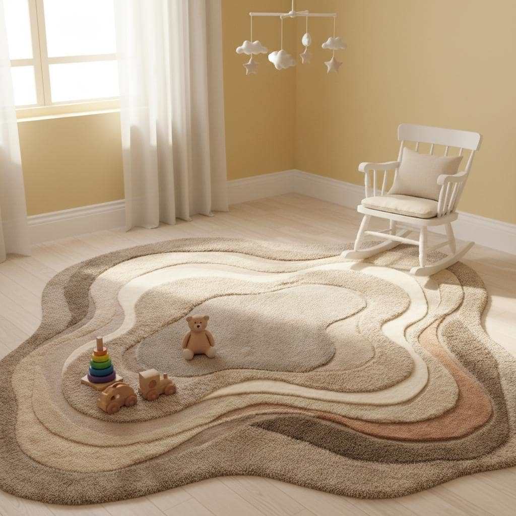 Earthy neutral textured rug with multi-layer contours enhancing a stylish living room with cream sofas and wooden accents.