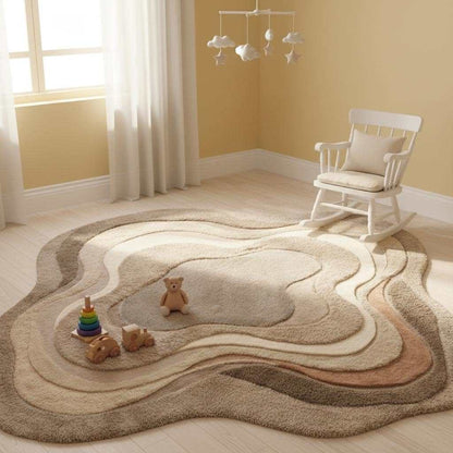 Earthy neutral textured rug with multi-layer contours enhancing a stylish living room with cream sofas and wooden accents.