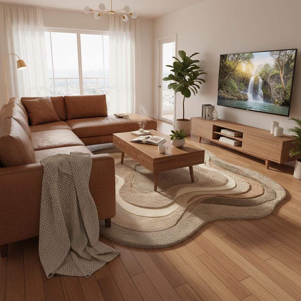 Soft modern boho rug with organic flowing design and 3D carved texture shown in a warm, plant-filled home interior.