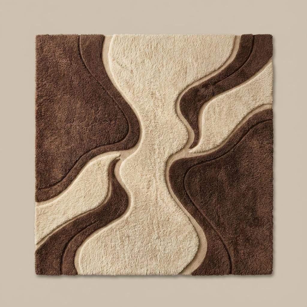 Soft sculpted shag area rug in neutral brown and beige tones featuring flowing 70s-style patterns, styled in a sunlit mid-century modern room.