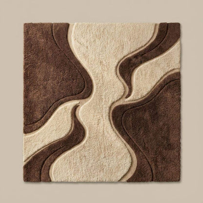 Soft sculpted shag area rug in neutral brown and beige tones featuring flowing 70s-style patterns, styled in a sunlit mid-century modern room.