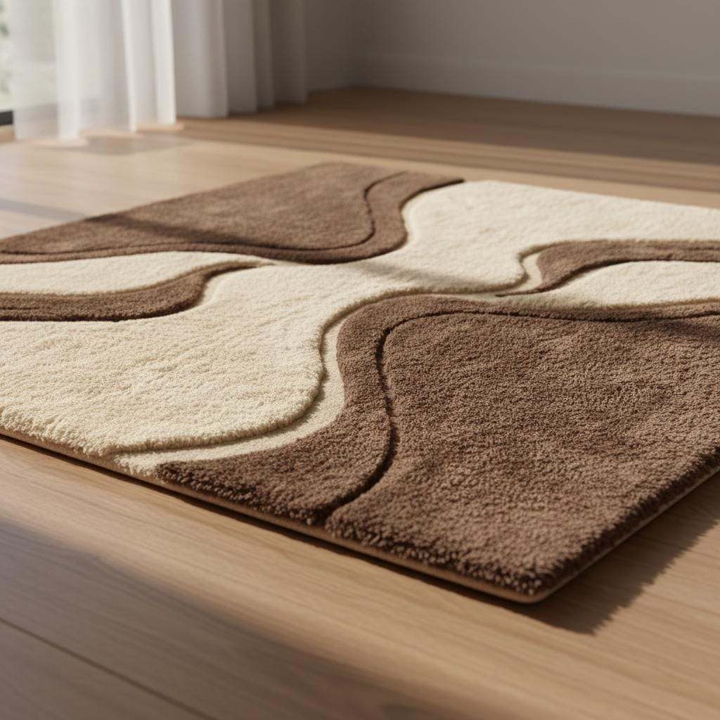 Mid century shag rug with retro geometric pattern and soft plush texture in brown and cream colors
