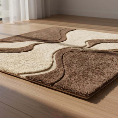 Mid century shag rug with retro geometric pattern and soft plush texture in brown and cream colors