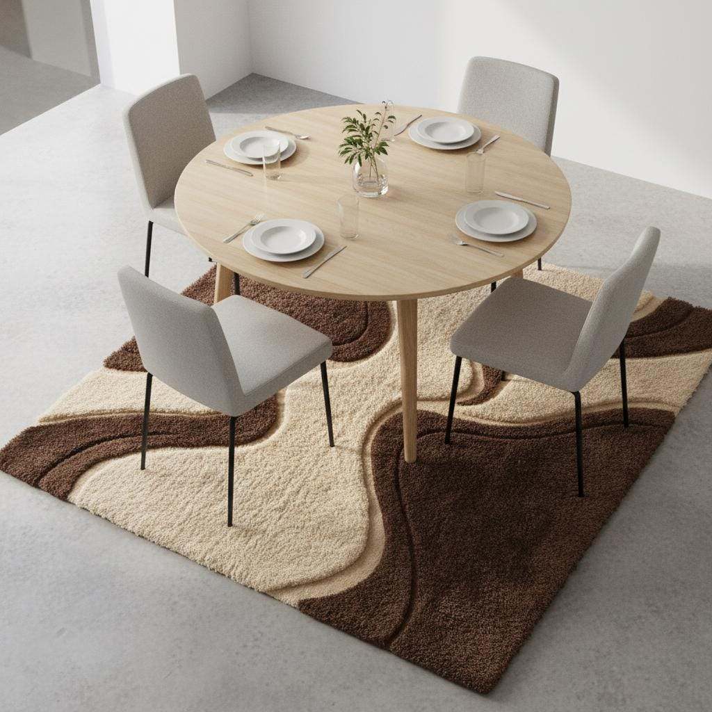Plush retro geometric carpet with 1970s-style wavy pattern, photographed in a bright room with natural light and mid-century furniture.