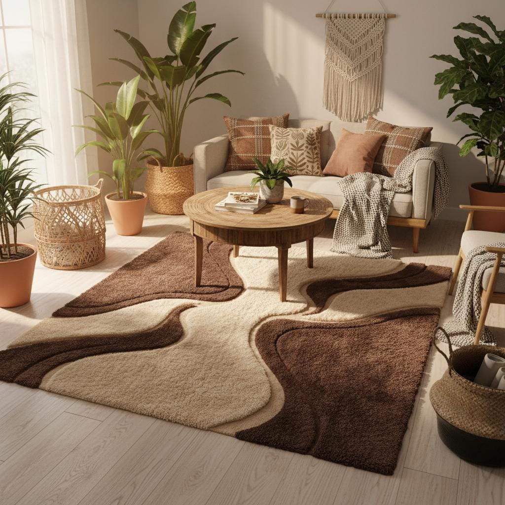 Retro abstract geometric rug with high-low texture, brown and cream color palette, perfect for vintage-inspired or modern home décor settings.