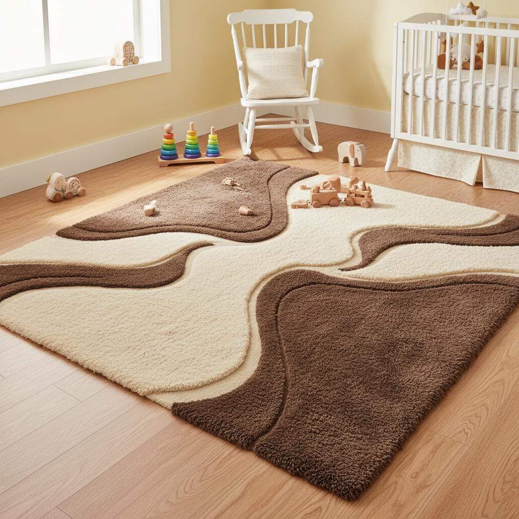Brown and cream textured area rug with sculpted shag detailing in a minimalist modern living space, offering warm neutral home décor.