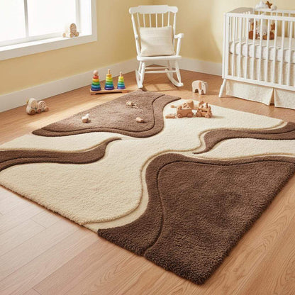 Brown and cream textured area rug with sculpted shag detailing in a minimalist modern living space, offering warm neutral home décor.