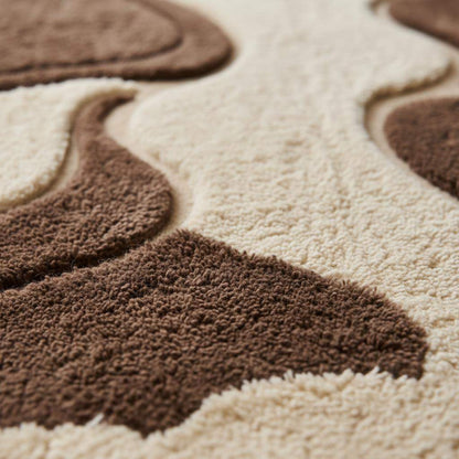 Mid Century Shag Rug with retro geometric pattern and soft plush texture in brown cream tones