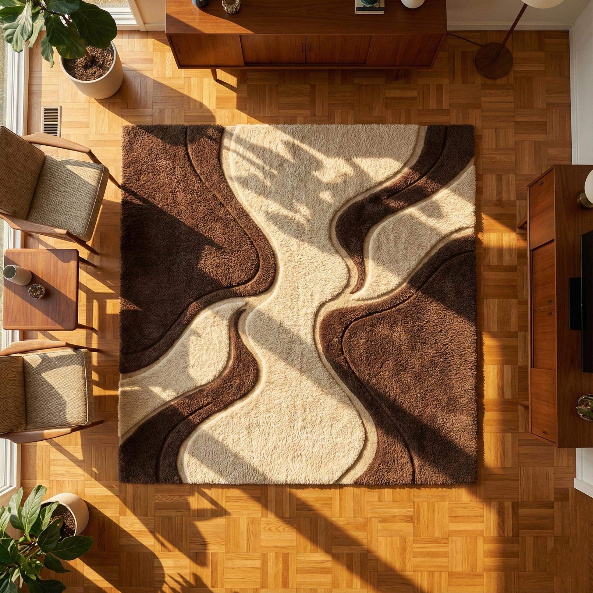Mid century shag rug with retro geometric pattern and soft textured plush fibers