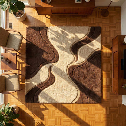 Mid century shag rug with retro geometric pattern and soft textured plush fibers