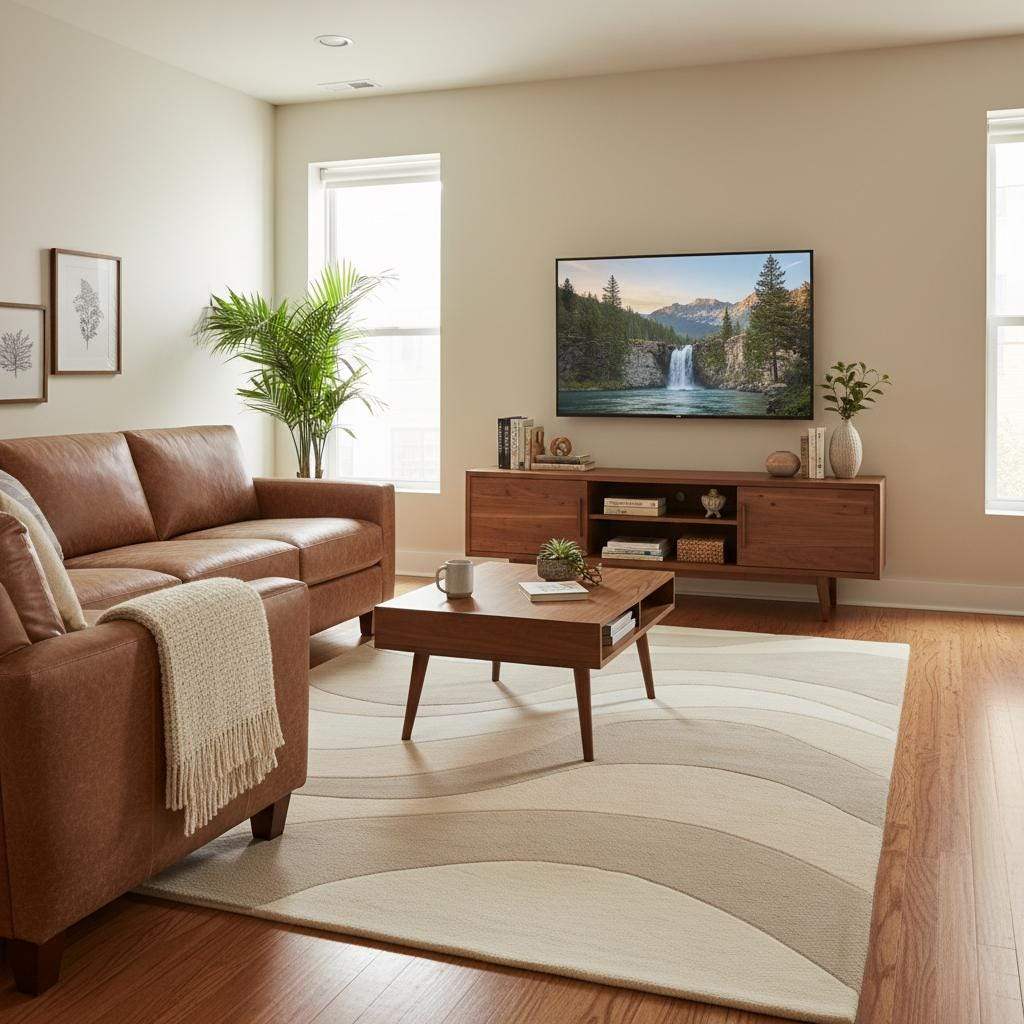 Neutral modern rug with wave design shown in a cozy living room featuring warm wood tones and natural light.