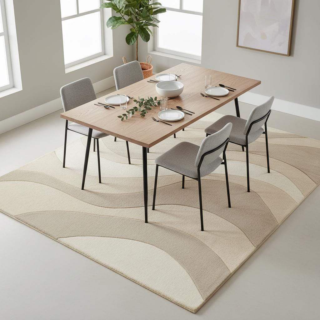 Beige cream area rug with wavy textured pattern in minimalist living room setting