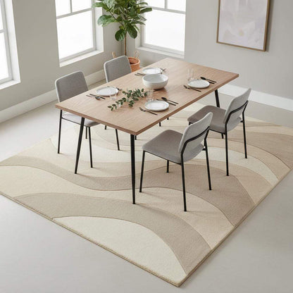 Beige cream area rug with wavy textured pattern in minimalist living room setting