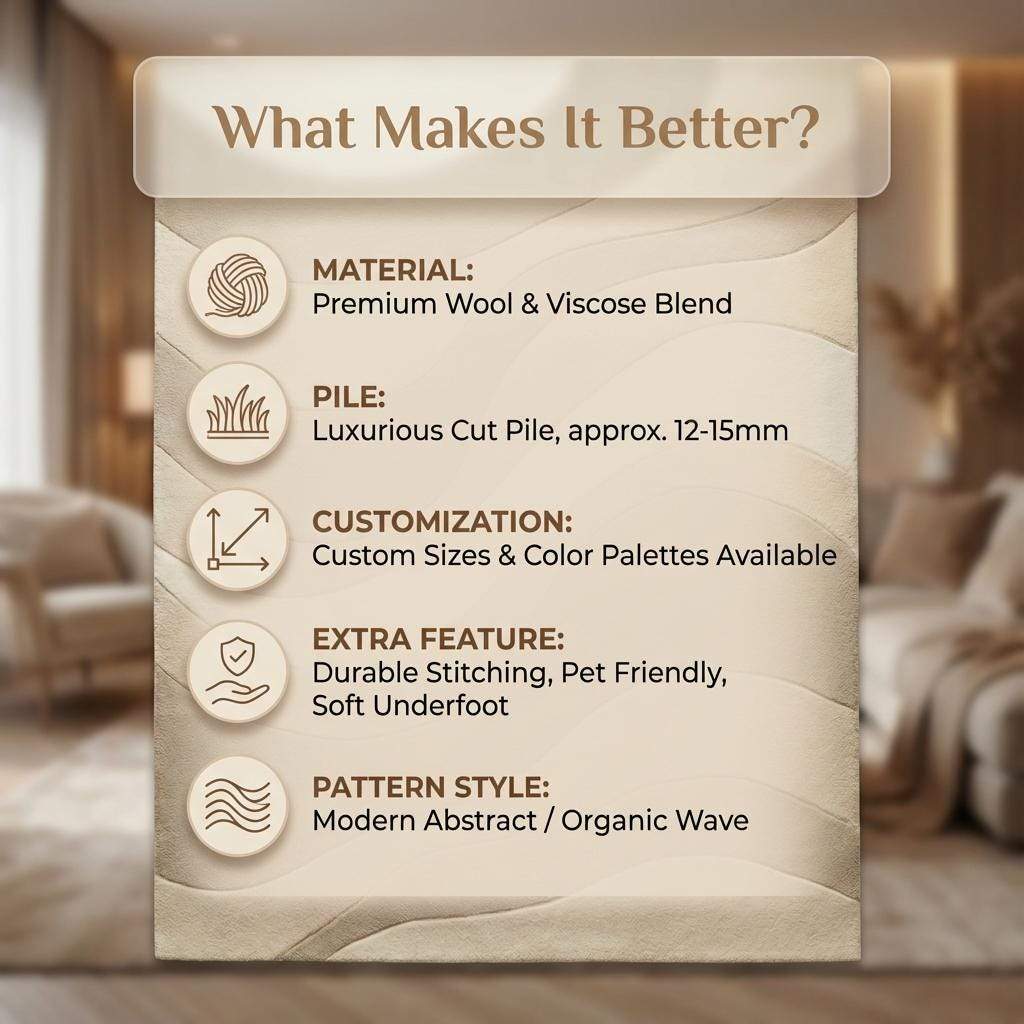 Beige cream area rug with textured wavy pattern in minimalist living room setting