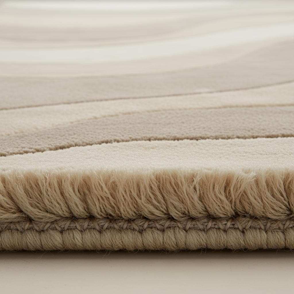 Beige cream area rug with wavy pattern for minimalist living room and Japandi style decor