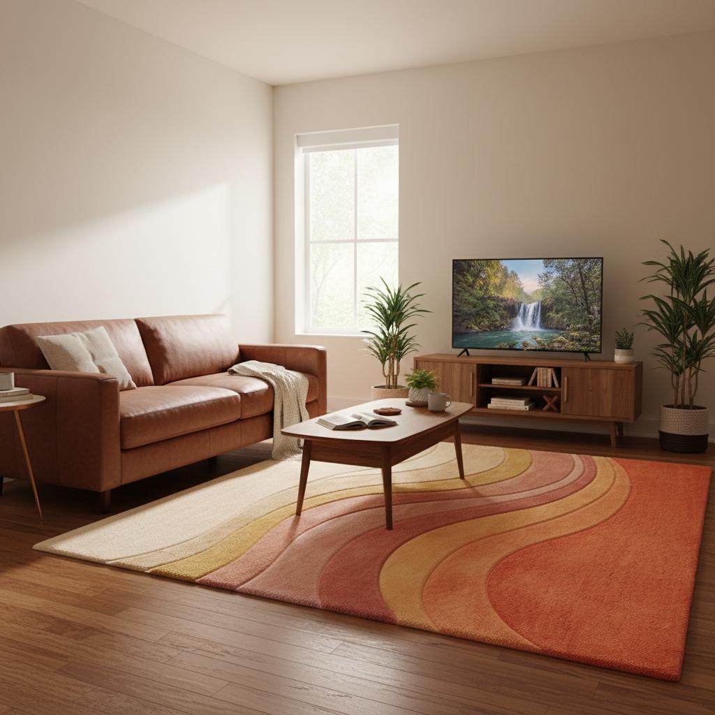 Mid century inspired tufted wool rug with dimensional carving and retro warm tones enhancing room décor.