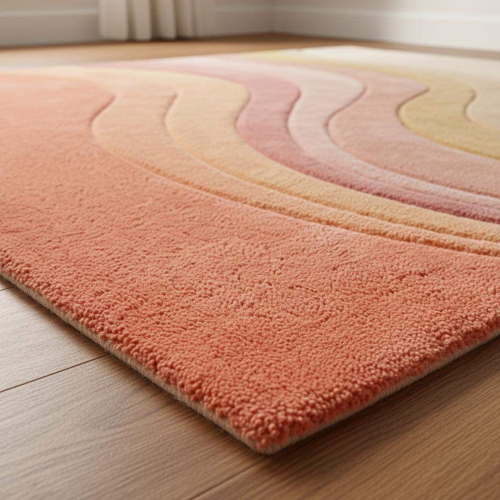 Wavy tufted wool rug with colorful gradient design and plush texture for modern home decor