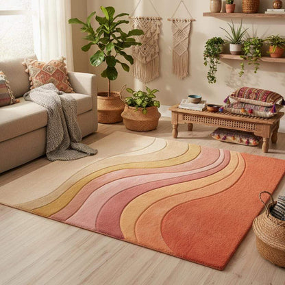 Soft wool carpet with abstract wavy lines and warm sunset shades displayed in a cozy living room corner.