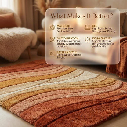 Mid century modern rug with sculpted wave design in warm earth tones of terracotta, rust, ochre, and cream