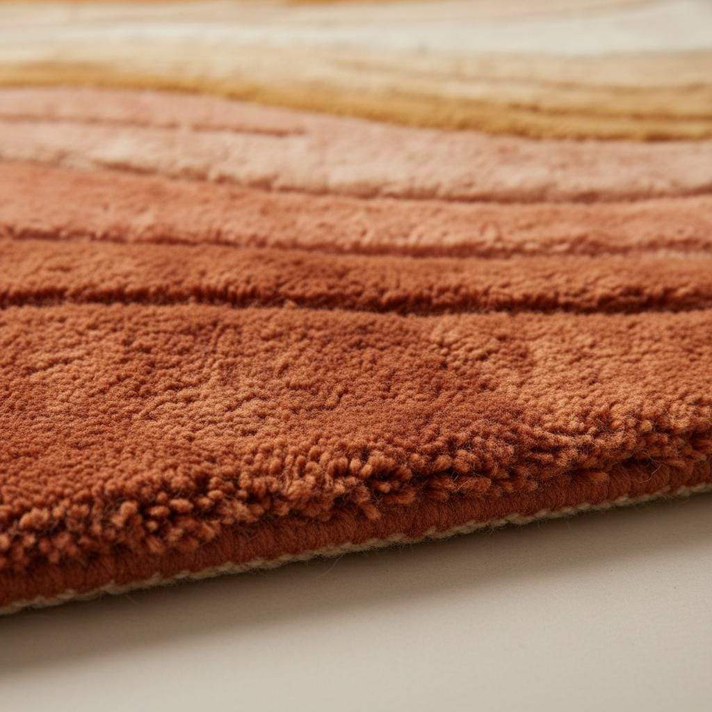 Mid century modern rug with sculpted wave design in warm earth tones for retro boho decor