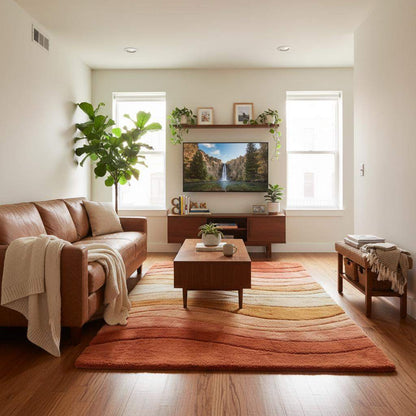 Sculpted abstract area rug in boho retro style, designed to add depth, warmth, and comfort to modern interiors