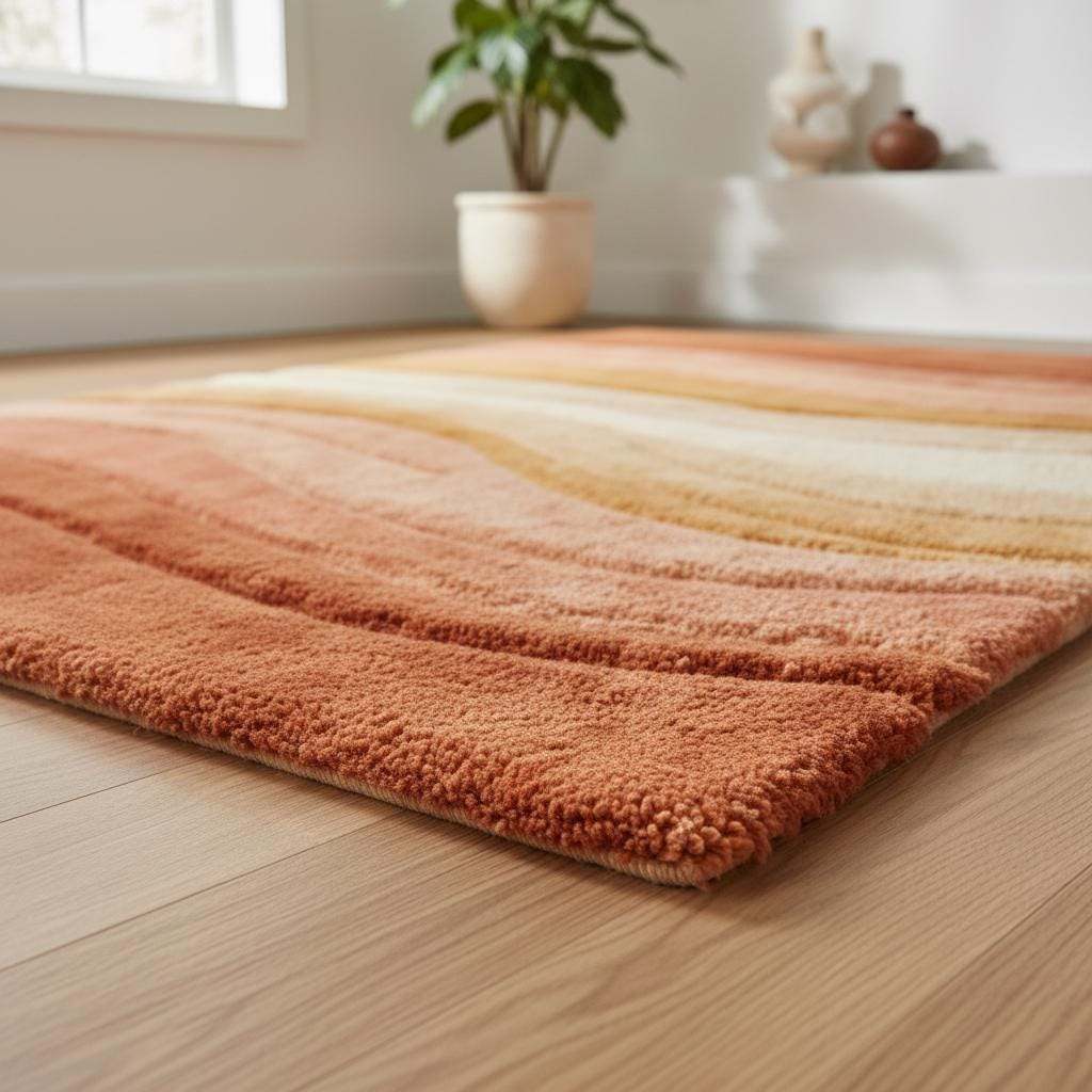 Earth tone modern rug with layered wave pattern, perfect for living room or bedroom decor