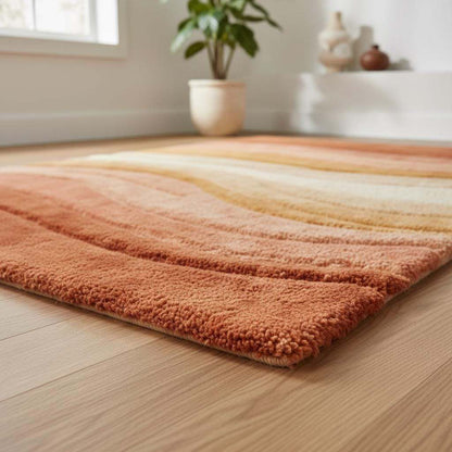Earth tone modern rug with layered wave pattern, perfect for living room or bedroom decor
