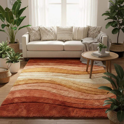 Warm neutral living room rug with mid century modern aesthetic, soft high pile texture and flowing curved lines