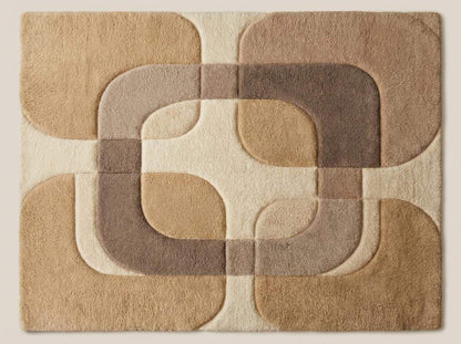 Neutral geometric area rug with plush texture and organic shapes, perfect for modern and Scandinavian home decor