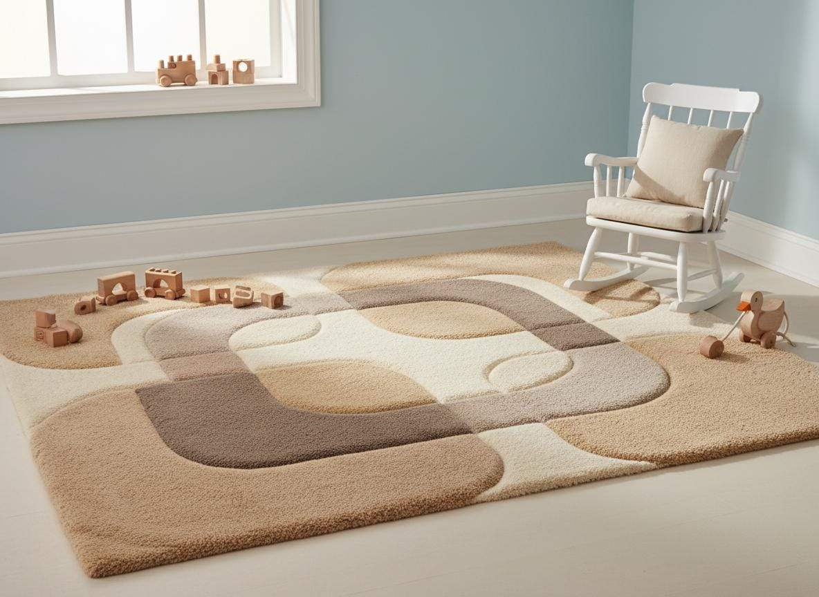 Beige and taupe modern area rug with organic mid century design used as a statement living room carpet