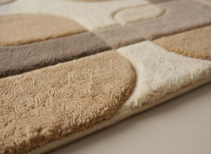 Mid century modern rug with neutral beige taupe geometric pattern and plush soft texture for stylish living rooms