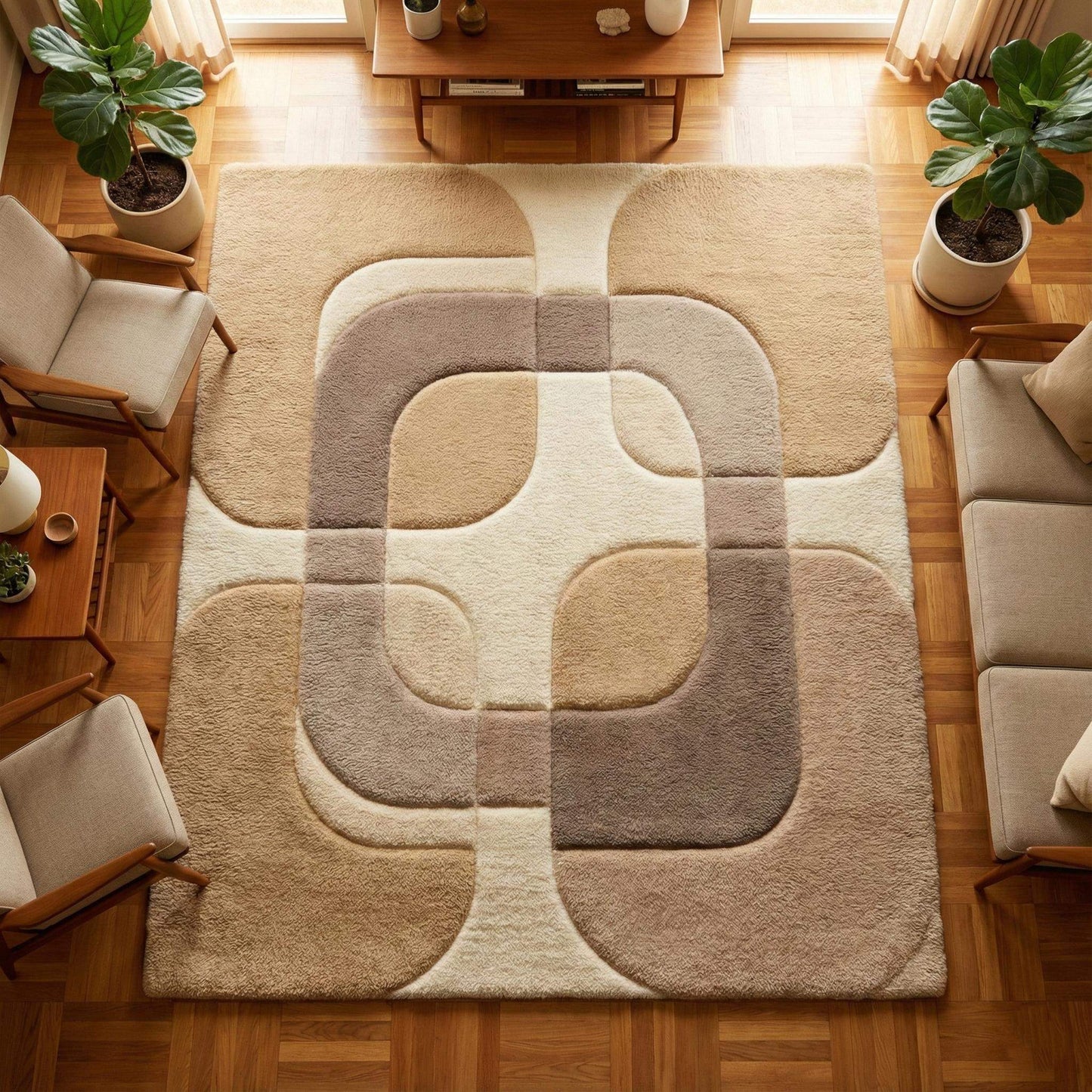 Mid century modern rug with neutral beige taupe geometric pattern and plush texture for living rooms