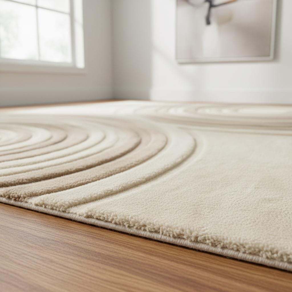 Modern beige neutral area rug with sculpted circle texture, soft plush and durable carpet for minimalist and Japandi style interiors