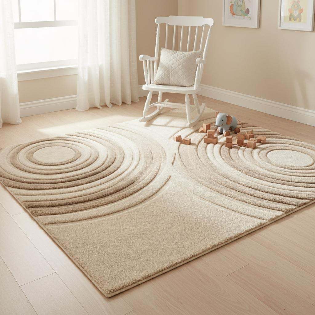 Contemporary neutral rug with high-low texture and sculptural design styled with modern furniture